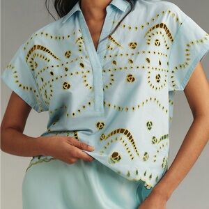 Anthropologie Maeve Boxy Eyelet Short Sleeved Shirt XL EUC
